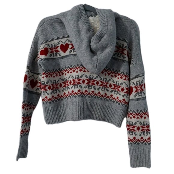 Ruby Moon Hooded Sweater Size Medium Gray White Red Hearts Pom Poms Crop - Picture 2 of 8